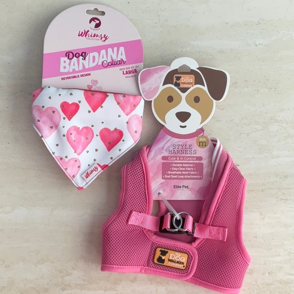 Dog Harness Pink Size Medium & Bandana Collar Size Large Pink Gold Hearts - Picture 1 of 9